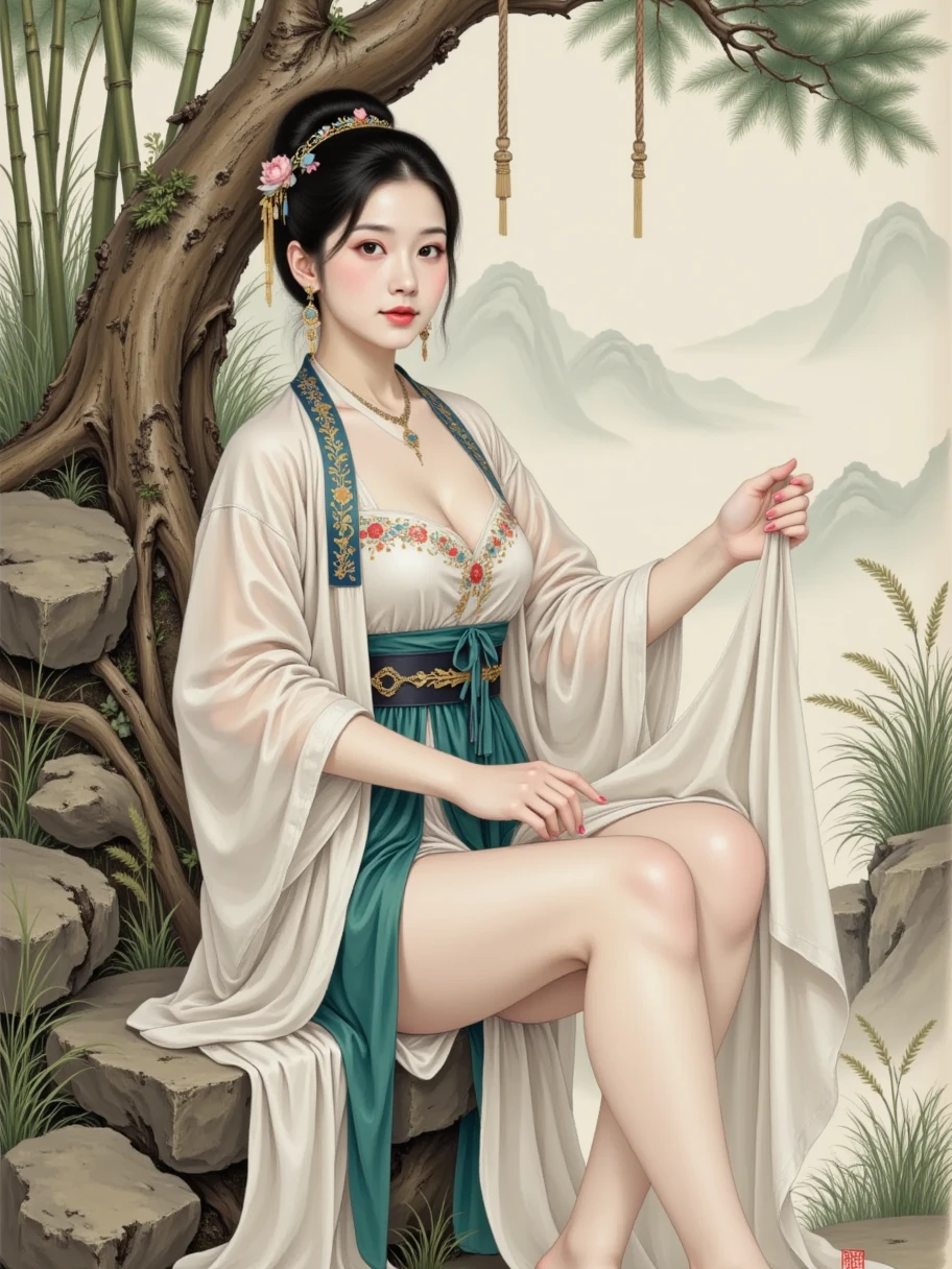 The Empress is standing naked, without underwear, showing her large breasts, hairy lower abdomen, and pubic hair.、
Her hair is tied up and pulled up with a gorgeous flower ornament on both sides.、The background of the crowning of the Qing Dynasty empress is the stone paving outside the palace of the Qing Dynasty China.