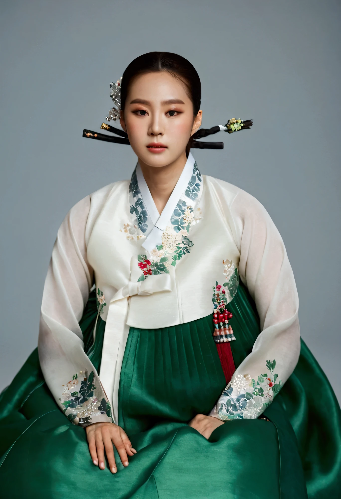 very clear image quality , best quality , 8k, A Korean man is wearing a women's hanbok , He's a female man , His chest has big breasts like a woman, His face is very masculine , His hair is short like a man , A luxurious woman's hanbok made of silk , The Hanbok jacket is very small , jade and white, Sitting modestly
