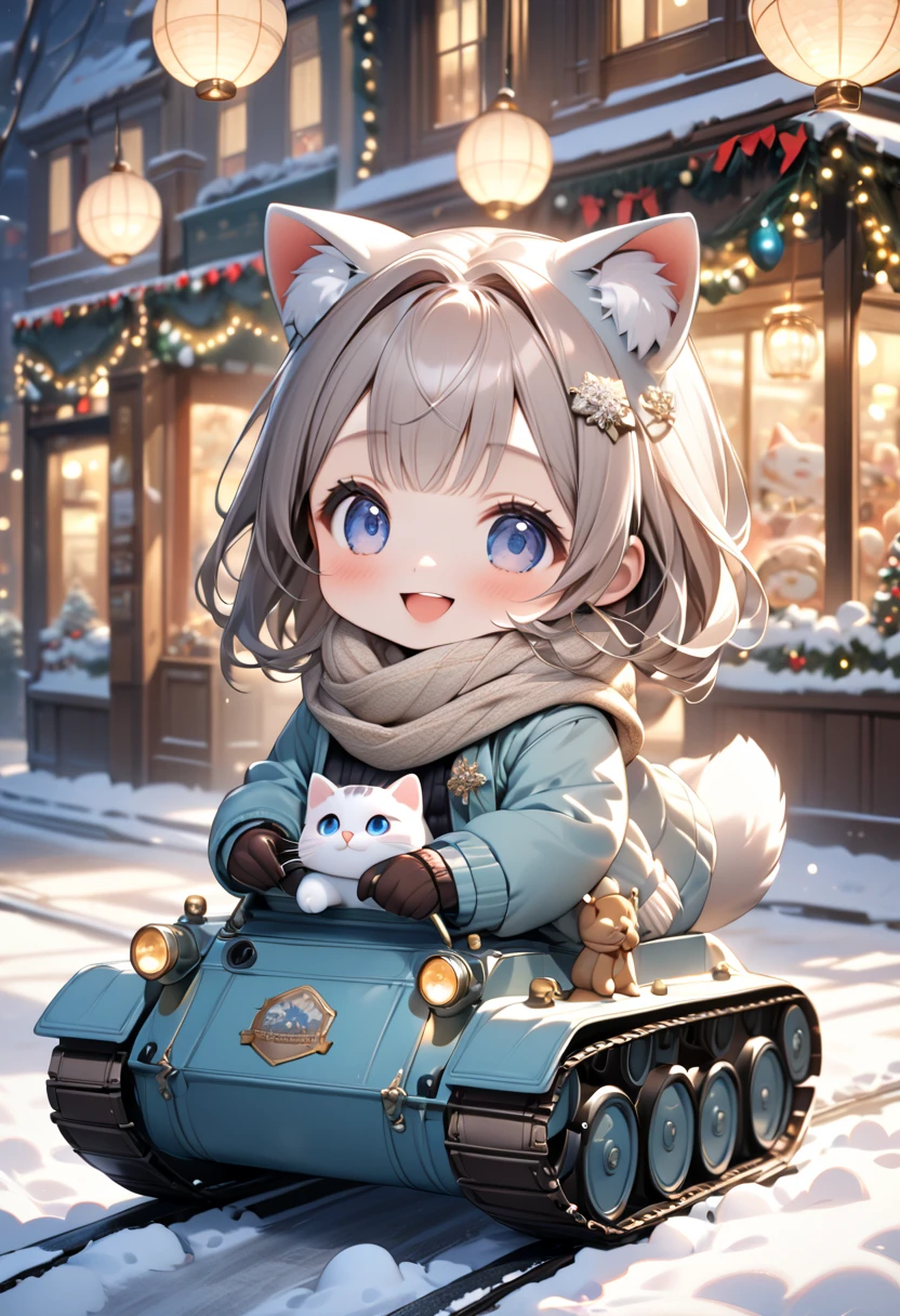 (masterpiece, ultra-detailed, best quality, clear focus, dramatic scene, cinematic), shadow, (ultra-high resolution, 8k), perfect anatomy, perfect face, (detailed face, detailed eye, chibi), cute Japanese chibi girl, famous Japanese chibi idol, very beautiful and cute and cool face, (wearing stylish winter outfit with long coat, woolen scarf and glove:1.2), (large breasts), (She is riding a stylish miniature tank with a giant cat:1.3), the Christmas gift box and Christmas trees are on the rear carrier, (She is arrived at the gorgeously Christmas decorated cake shop with Christmas illuminations, snow-covered road, these stores at the street are gorgeously decorated with Christmas decorations, professional lighting, (detailed very cute fluffy giant cat is mewing:1.3), she looks so happy, happy smile