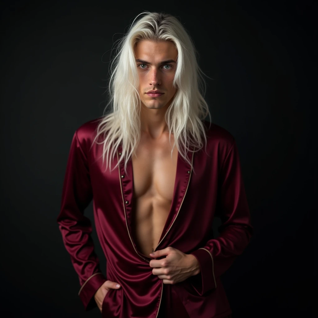 A 35-year-old man，bathroom，Light silk bathrobe，Thin muscles，Legs open,The crotch of the silk briefs bulges,Male Love，Long platinum blonde hair，Gray eyes，hansome，English facial features，Prince&#39;s appearance，Sexy