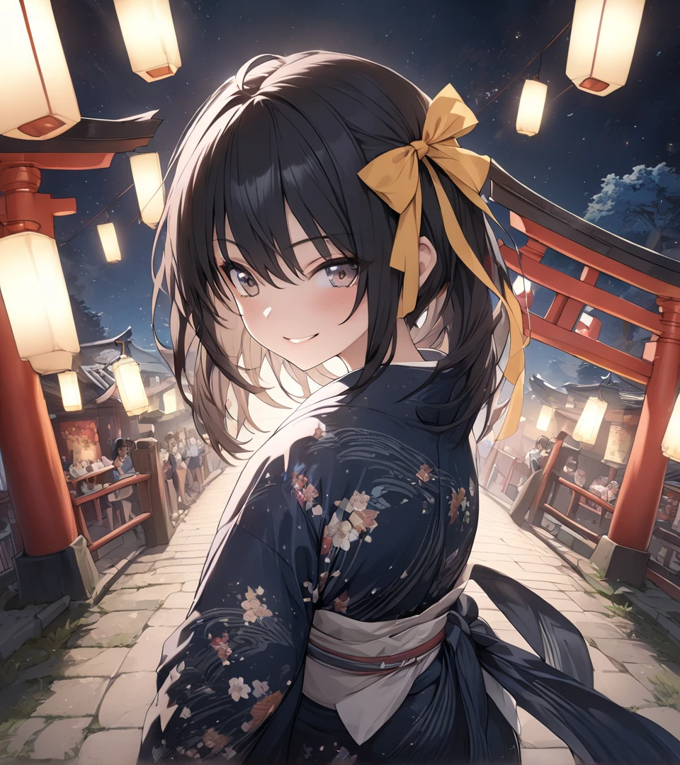 (Masterpiece 1.2),> Suzumiya haruhi<,highly detailed, 8k, masterpiece, detailed face,1girl,black hair yellow ribbon,japanese azur yukata , smirk, (perfect_face), standing, ornate, intricate, dramatic lighting, 4k, detailed_background, caustics, full_body, (hyperrealistic:1.3), bloom,(beautiful lighting:1.3), caustics, dynamic lighting, beautiful lighting, festival theme, looking the another side,back shot,,shinto gate,starry sky from above, thrilling sky,art concept inspired by kyoto animation 