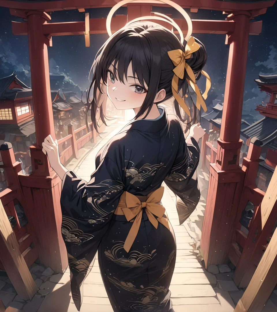 (Masterpiece 1.2),> Suzumiya haruhi<,highly detailed, 8k, masterpiece, detailed face,1girl,black hair yellow ribbon,japanese azur yukata , smirk, (perfect_face), standing, ornate, intricate, dramatic lighting, 4k, detailed_background, caustics, full_body, (hyperrealistic:1.3), bloom,(beautiful lighting:1.3), caustics, dynamic lighting, beautiful lighting, festival theme, looking the another side,back shot,,shinto gate,starry sky from above, thrilling sky,art concept inspired by kyoto animation 