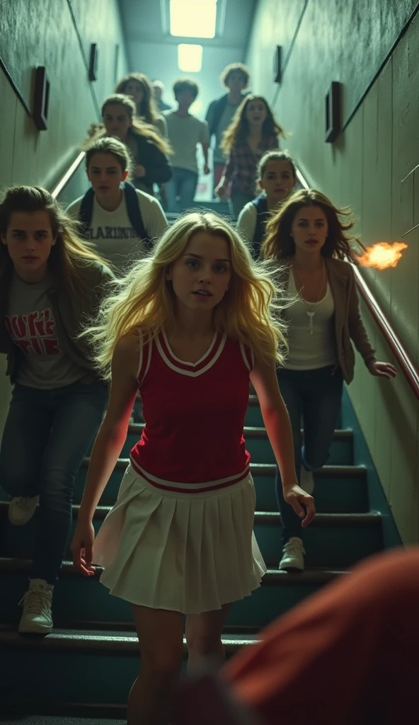 A group of people ran downstairs， shooting a group of people going downstairs in a classroom stairwell，The back of a blond hair ，Wearing a red cheerleader uniform ， in a white pleated dress is the focus of the picture 