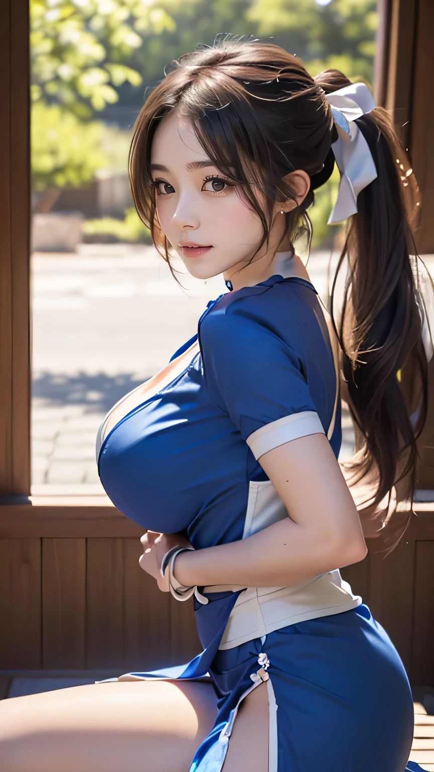 (((  top quality))), ((  masterpiece  )), (    Details), ((Alone)), (((((( ponytail,  hair ribbon,  choker,  Blue Dress , Short sleeve, band,  kimono, Arm guard,  pelvic curtains ,  detailed background with white knee-high )))))),  ((( slender body:1.4, Big Breasts, cleavage:1.1 , big butt, slim,  Thin Waist  ,  toned thick thighs,  Thin legs))),(  camel toe    ,Camel hoof), ((      growing skin    ,    white skin,      growing skin    )), Mysterious Light,  ((( Girl with a well-groomed face   ))), ((  big eyes)), ((((((Droopy eyes)))))), ((((   closes the eye )))), ((((   accurate anatomy )))),    Completely-valid   ,    Eye Shadow ,     earrings for women alone  ,    Necklaces    ,((I-type Valley)),