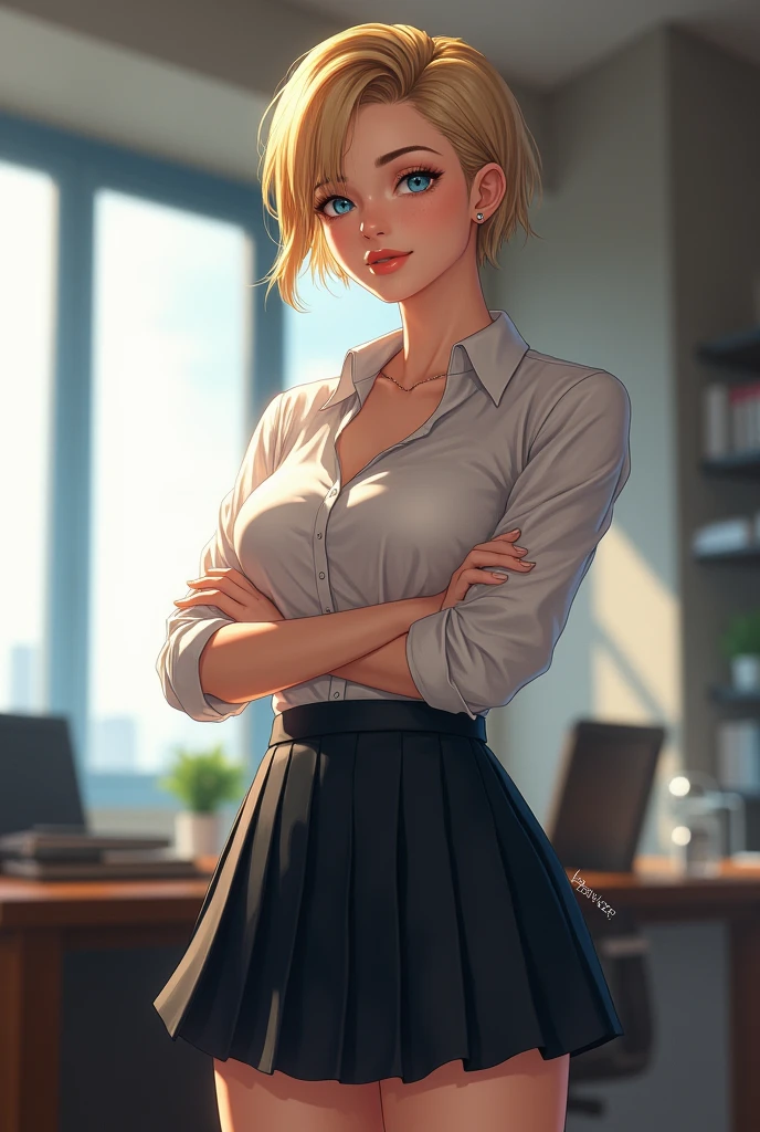 masutepiece, Beautuful Women, Jessica Alba, (Fantasy Library Background), (Tight business shirt), (Very short skirt), (Stockings), Poaceae thorax), Perfect body, Blonde hair, Hair tied in a loose bun, Legs, (Skin Texture:1.1), Best Quality, 超A high resolution, (Photorealistic: 1.4), Raw photo, ellen von unwerth, nikon d850 film stock photograph, F1.6 lens, Rich colors, Realistic, cinestill 800, Backlight, Rim lighting, Studio Lighting, Erotic Photography