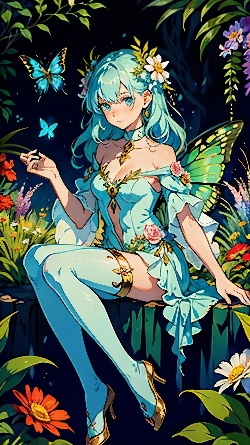 Beautiful girl in fairy costume, Surrounded by flowers and butterflies. content: watercolor. style: Strange and exquisite, Like a children's book illustration.