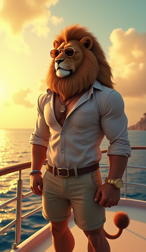 A muscular lion with detailed heads and human-like features sitting confidently on a boat.   He wears red pants, a blue belt with a gold Gucci logo and trendy white sneakers.   A gold necklace was worn around his neck, and he had several rings on his wrist.   The backdrop features an ocean and a luxury cruise ship under a clear blue sky that provides a refreshing and serene feeling.