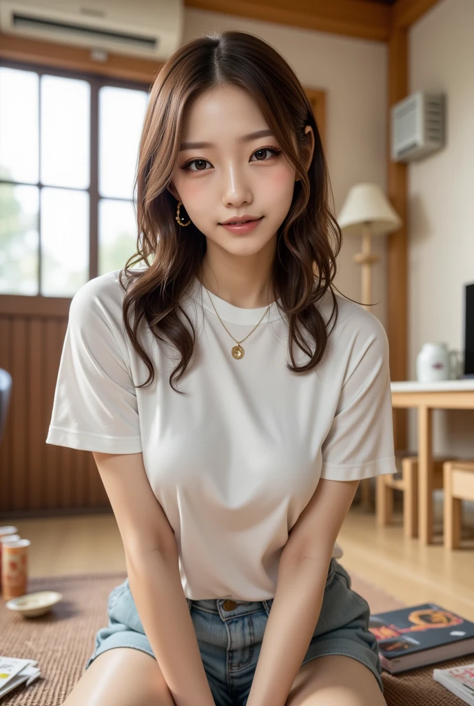 masutepiece, Best Quality, Ultra-detailed, finely detail, Height resolution, 8K Wallpaper, Perfect dynamic composition, Beautiful detailed eyes, Natural Lip, light brown hair, Very short bob hair, bangs cover eyebrows, yellow shirts, extremely small breasts, operate a laptop on a desk, Smile