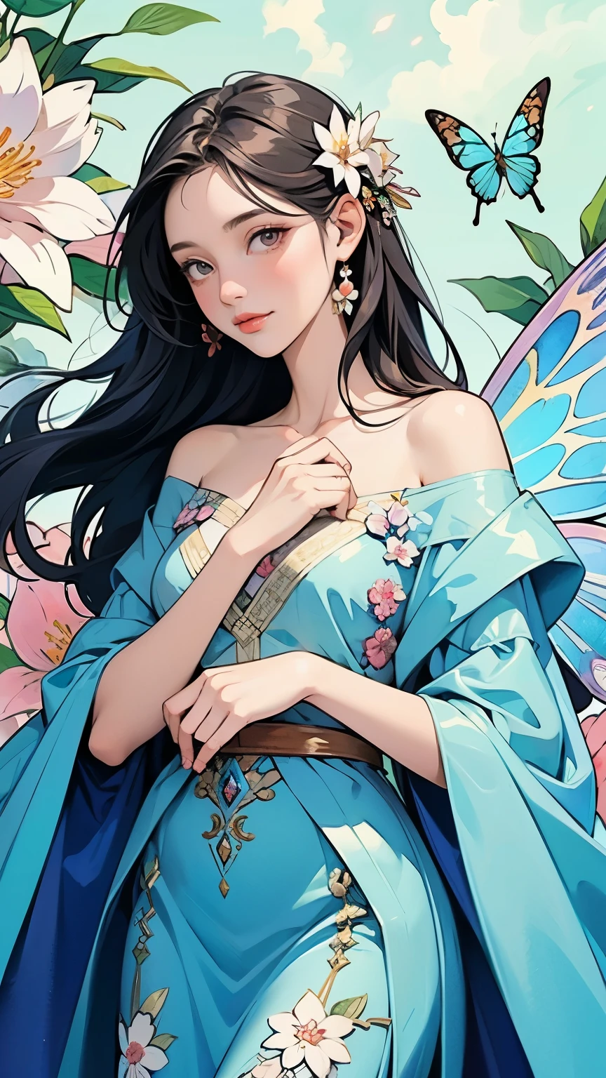  Beautiful Girl in a Fairy Costume, Surrounded by flowers and butterflies. content: Watercolor.  style for stilets:  Quirky and Delicate , Like an illustration in a ren&#39;s book.