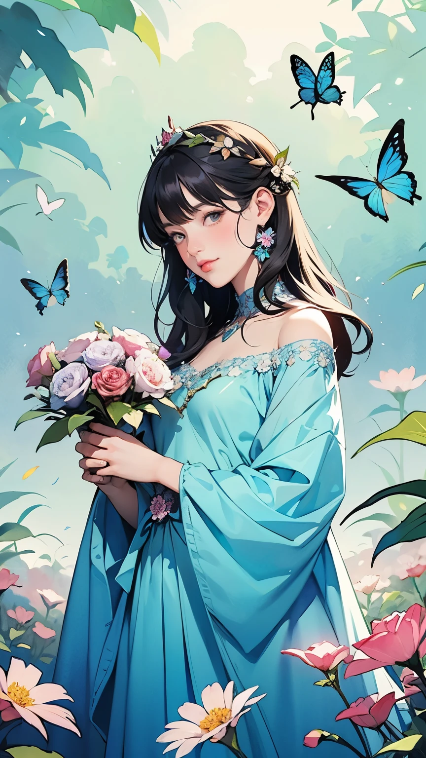  Beautiful Girl in a Fairy Costume, Surrounded by flowers and butterflies. content: Watercolor.  style for stilets:  Quirky and Delicate , Like an illustration in a ren&#39;s book.