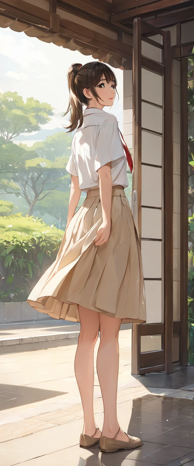 (  masterpiece  ,  top quality:1.2),  one girl, Alone、 ponytail、Beige Flared Skirt、