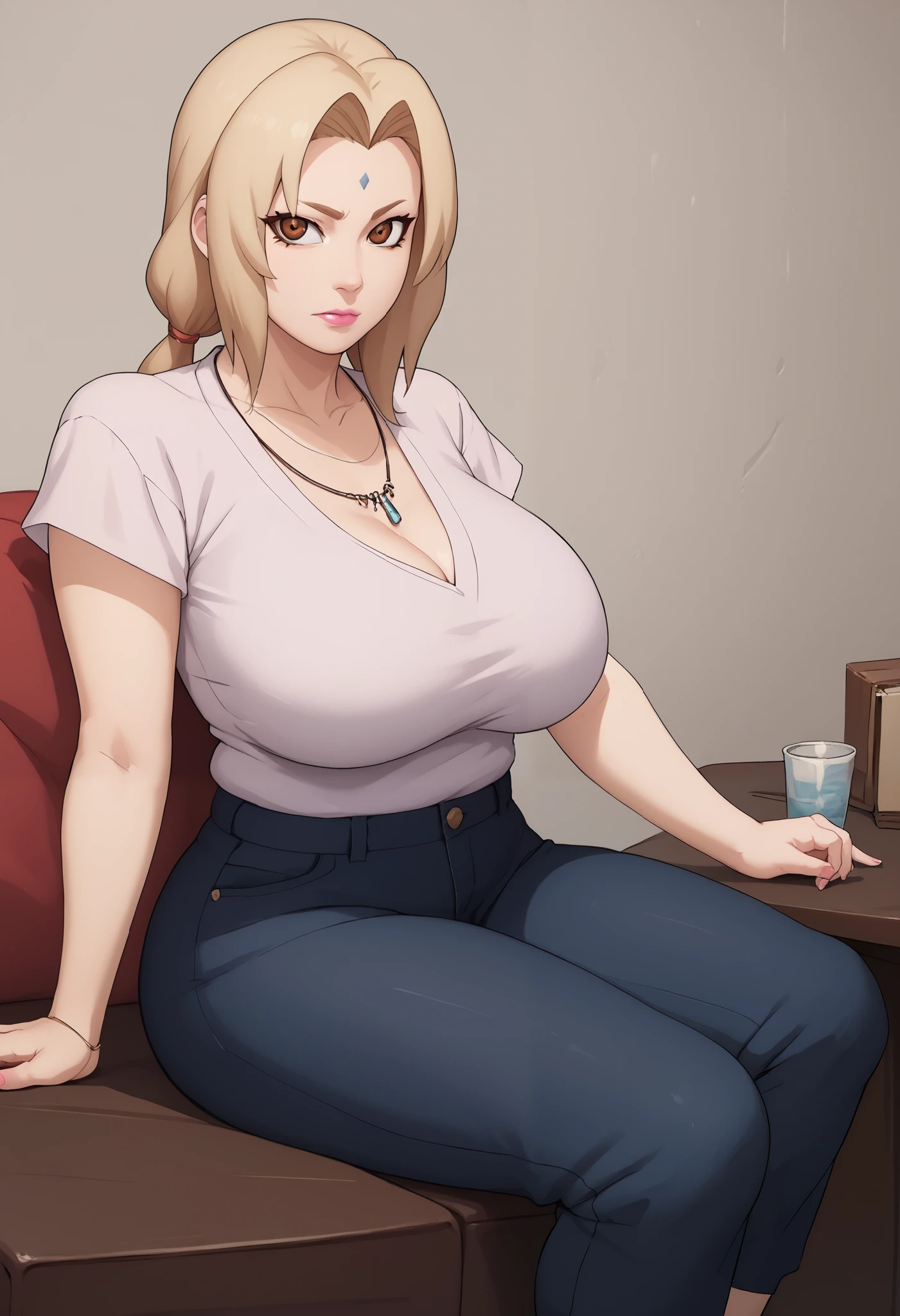 Tsunade Senju. Grandmother. long, blond hair tied in two ponytails. brown eyes.  pink lipstick. huge saggy breasts. bbw. necklace. jeans. Shirts. caffe. sitting