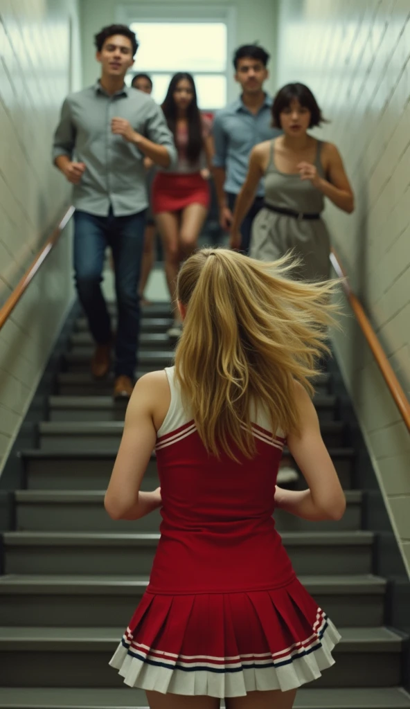  side shot of a group of people running downstairs， Take a picture of a group of people going downstairs in a classroom stairwell，The back of a blond hair ，Wearing a red cheerleader uniform ， in a white pleated dress is the focus of the picture ，A back shot 