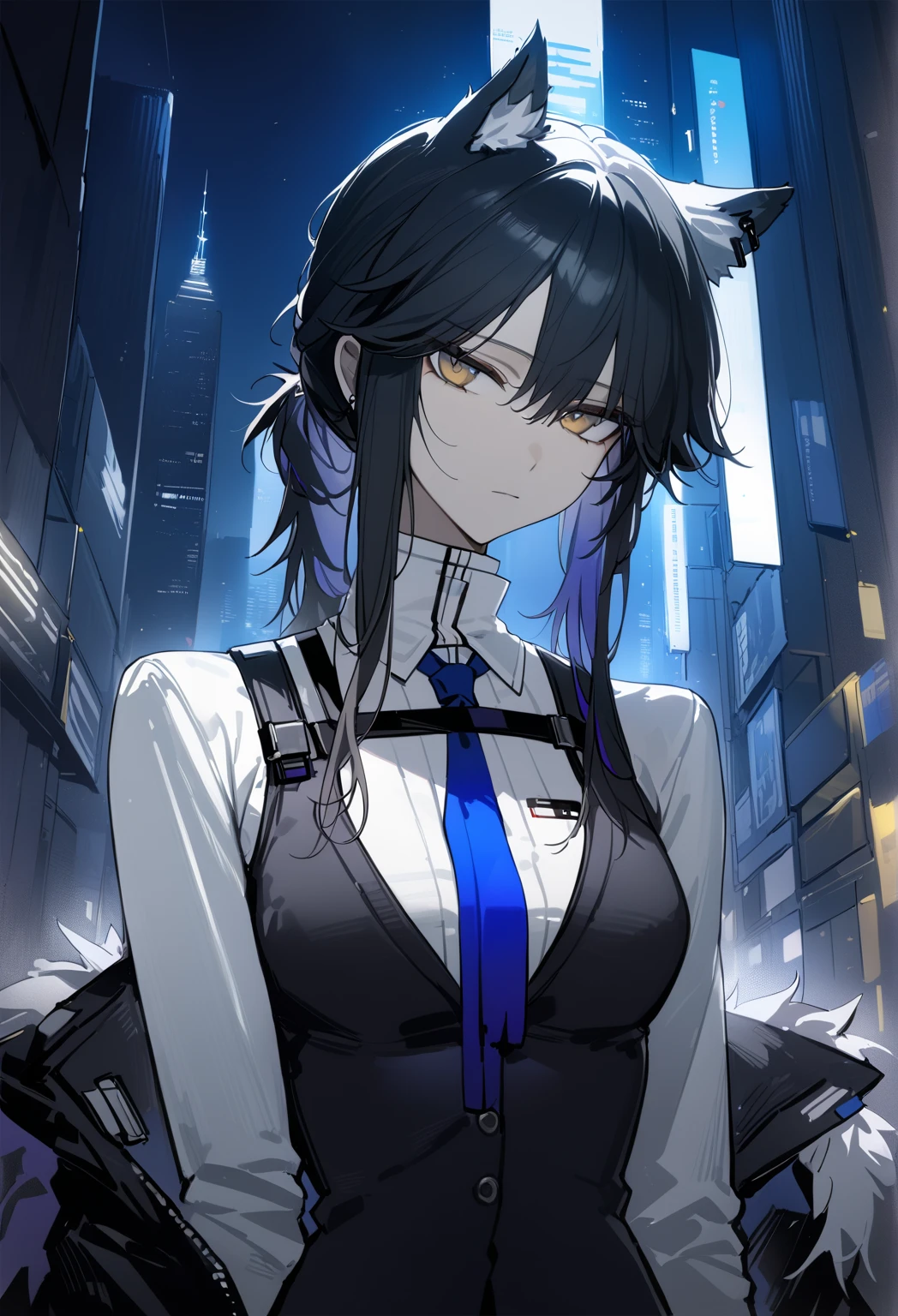   1 girl , Texas Omerta \(  Arknights ),   Arknights ,   upper body,    wolf ear ,   black hair,   Yellow Eyes ,  ,  expressionless,   white shirt, Black vest,   blue tie,  Blue shorts, Night City,    masterpiece   ,   top quality、Three Views