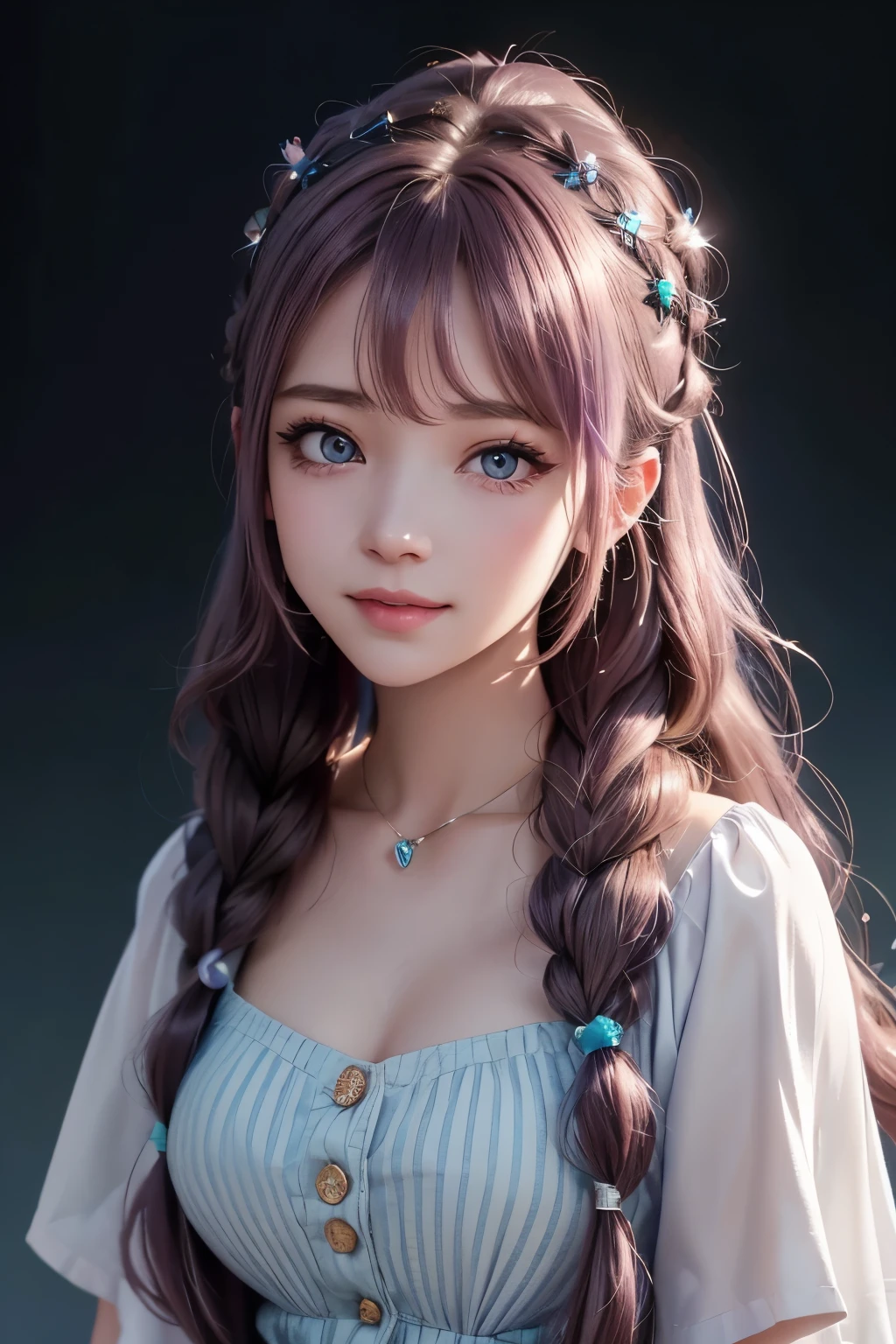 poneyTail, Lavender Brown Hair, hair over shoulder, hair clips, colored contact lenses, aqua eyes, breastsout, smiley, Jewelry, Modern, Chiaroscuro, Cinematic lighting, NIKON, 85 mm, High quality, 8K, Best Quality, Super Detail