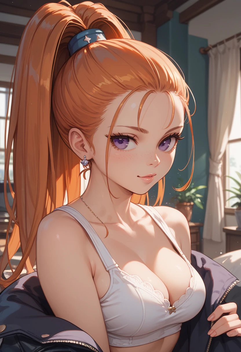 dqbbra, 1girl, orange hair, high ponytail, long hair, purple eyes, snfw, パイズリ