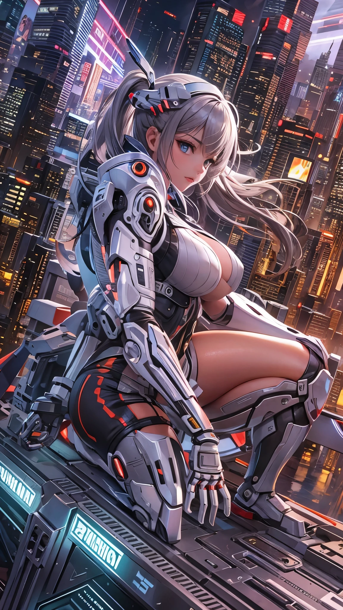 (cityscape:1.5), (NSFW, topless bare boobies, uncensored bare pussy:1.5), (Face of love, I'm so happy:1.5), (mecha musume, cyborg girl:1.5), teen, stylish angle, stylish pose, (headphone, mechanical fuselage, mechanical clothing), looking at the viewer, bangs cut off, blue mini skirt, plastic corset, Beautiful light effect, glowing skin, (removable long sleeves, very wide sleeve:1.5), (caution decal, corporate logotype:1.2), (small open mouth:0.8),