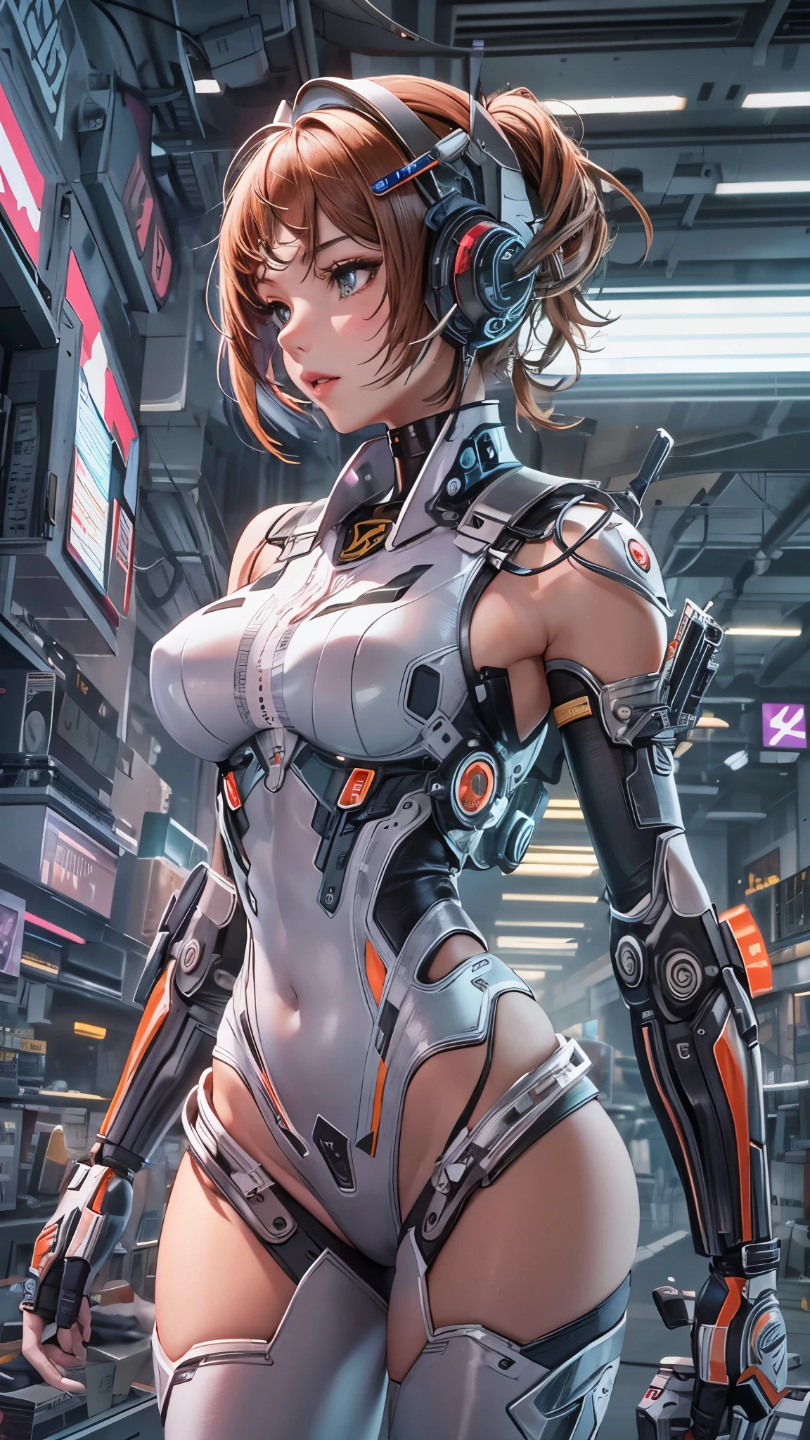 (cityscape:1.5), (NSFW, topless bare small middle boobies, uncensored bare pussy:1.8), (Face of love, I'm so happy:1.5), (cyborg girl:1.5), low teen, stylish angle, stylish pose, (headphone, mechanical fuselage, mechanical clothing), looking at the viewer, bangs cut off, (blue mini skirt:1.2), plastic corset, Beautiful light effect, glowing skin, (removable long sleeves, very wide sleeve:1.5), (caution decal, corporate logotype:1.2), (small open mouth:0.8),