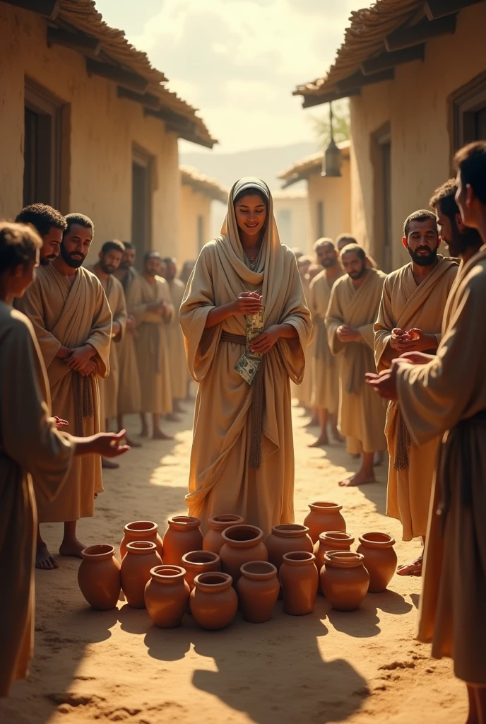 "A humble woman stands on a dusty village street, surrounded by an array of borrowed ceramic jars placed on the ground. She holds a small clay jar in one hand, and money in the other, endlessly filling each container. Villagers watch in awe from nearby doors and windows, their expressions reflecting wonder and disbelief. The scene is illuminated by a soft, heavenly light that bathes the street in warm, golden hues, emphasizing the divine nature of the miracle. The rough textures of the jars and the simple, earthy setting highlight the sacredness of the moment, blending faith and community.
