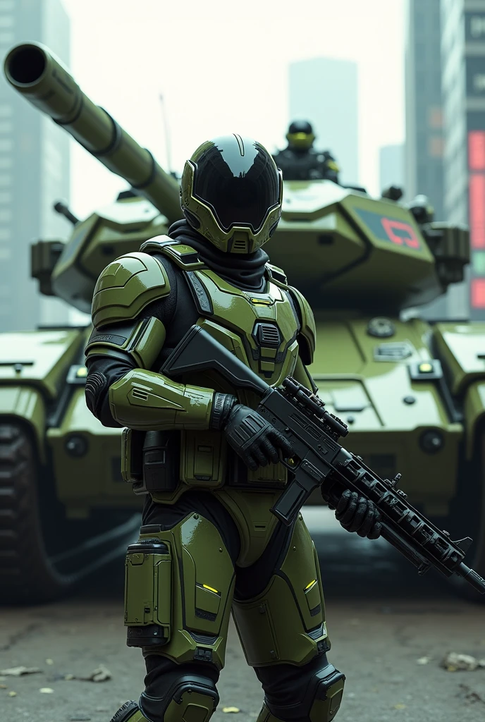 man wearing futuristic army green combat armor with neon green lists with a black helmet and white visor carrying a bazooka standing in front of a futuristic tank in the middle of the city