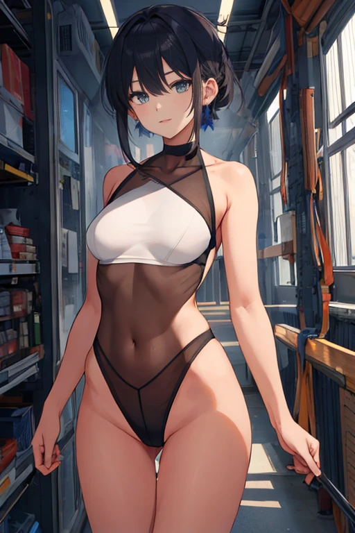 1girl in, masutepiece, Best Quality, Medium full shot, Beautiful, (Naked:1.3), ((See-through lingerie)), busty, Brown ponytail, thick thighs, Standing, Smiling