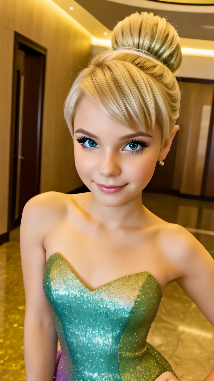 A beautiful 18yo white girl dressed like tinker bell, blond hair in a ponytail, glitter on her face, colorful eyeliner, short fairy dress, slight smile,poseing seductively in a hotel lobby 4k