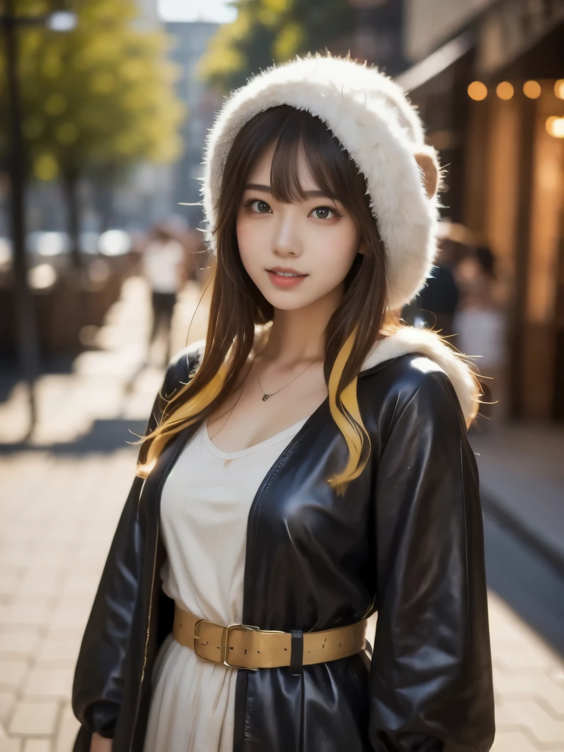 Woman in a white hat and black jacket standing on a sidewalk - SeaArt AI