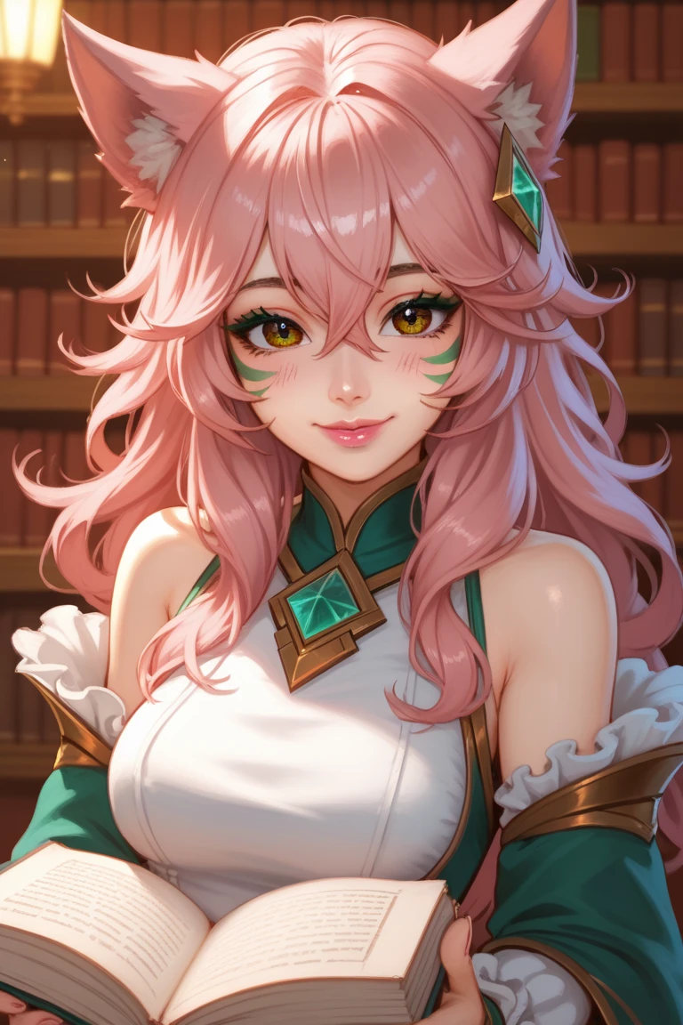 1 normal girl, 4k, HDR,  long hair, ultra cute face, beautiful lights and shadows, ultra detailed, 1girl, Solo, Breasts, Green face markings, Brown Eyes, Long Hot Pink Hair,Bangs, Hair Between Eyes, Messy Hair, Hair Over Shoulders, Wolf Dog ears, Accurate, Blush, Smile, Crystal Hair Accessories, Pink Lips, Brown Eyes, Green Eyeshadow, Green Makeup, Green Face Markings, Academic Nature Outfit, Simple background, Library, Holding Book, League of Legends, Accurate, Anatomically Correct, Detail, High Quality