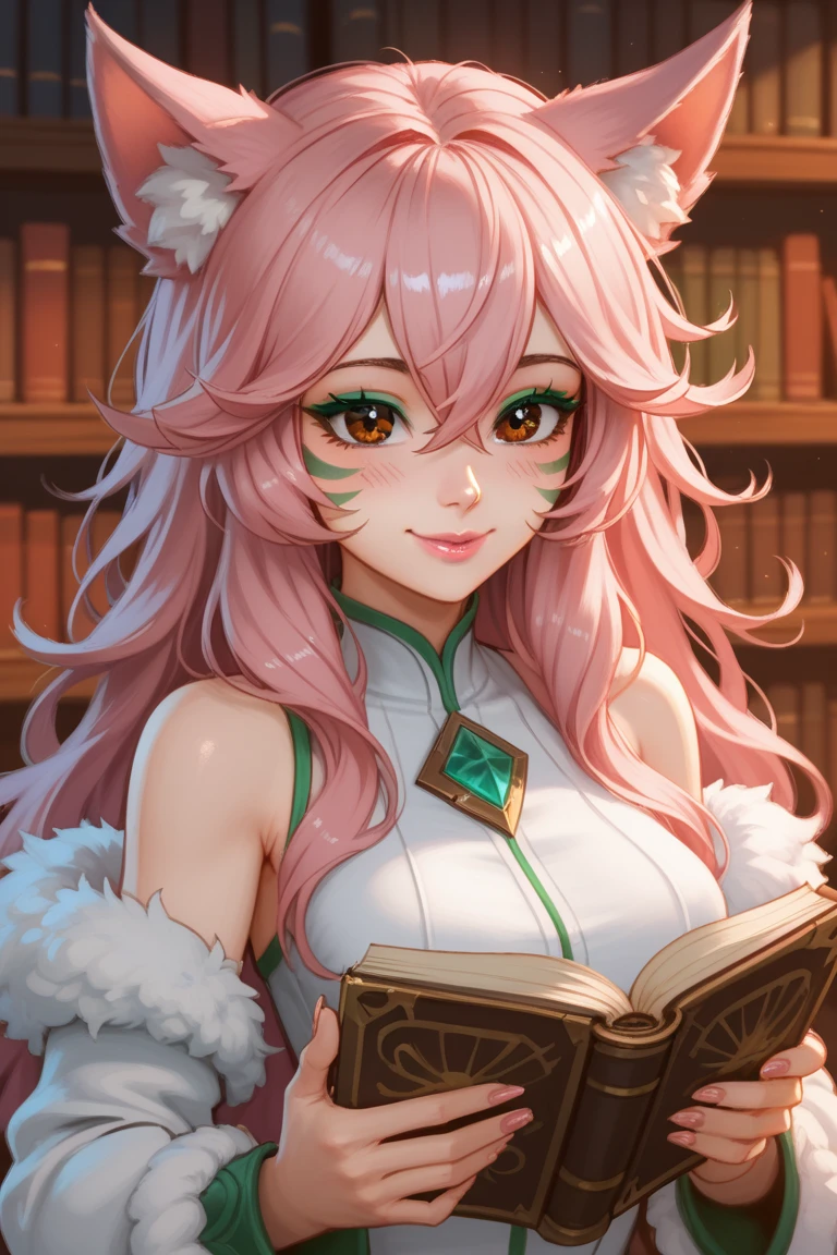 1 normal girl, 4k, HDR,  long hair, ultra cute face, beautiful lights and shadows, ultra detailed, 1girl, Solo, Breasts, Green face markings, Brown Eyes, Long Hot Pink Hair,Bangs, Hair Between Eyes, Messy Hair, Hair Over Shoulders, Wolf Dog ears, Accurate, Blush, Smile, Crystal Hair Accessories, Pink Lips, Brown Eyes, Green Eyeshadow, Green Makeup, Green Face Markings, Academic Nature Outfit, Simple background, Library, Holding Book, League of Legends, Accurate, Anatomically Correct, Detail, High Quality