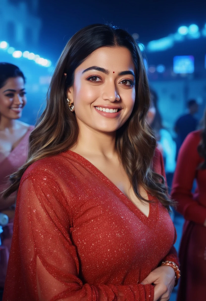 Rashmika mandanma standing in a sexy pose while dancing as item no in a film. She played vamp character in that item song for the movie, she wears only red shirt lehenga, bare legs, bare shoulders, bare hands, her body covered with bunch of Jasmines, her body adorned with bunch of Jasmines up to top of her navel, bare navel, cinematic, background with few lady dancers are little blurred, background littled blurred with blue matching night lights, cinematic, soft lighting and dramatic shadows, hyper realistic image of whole setting