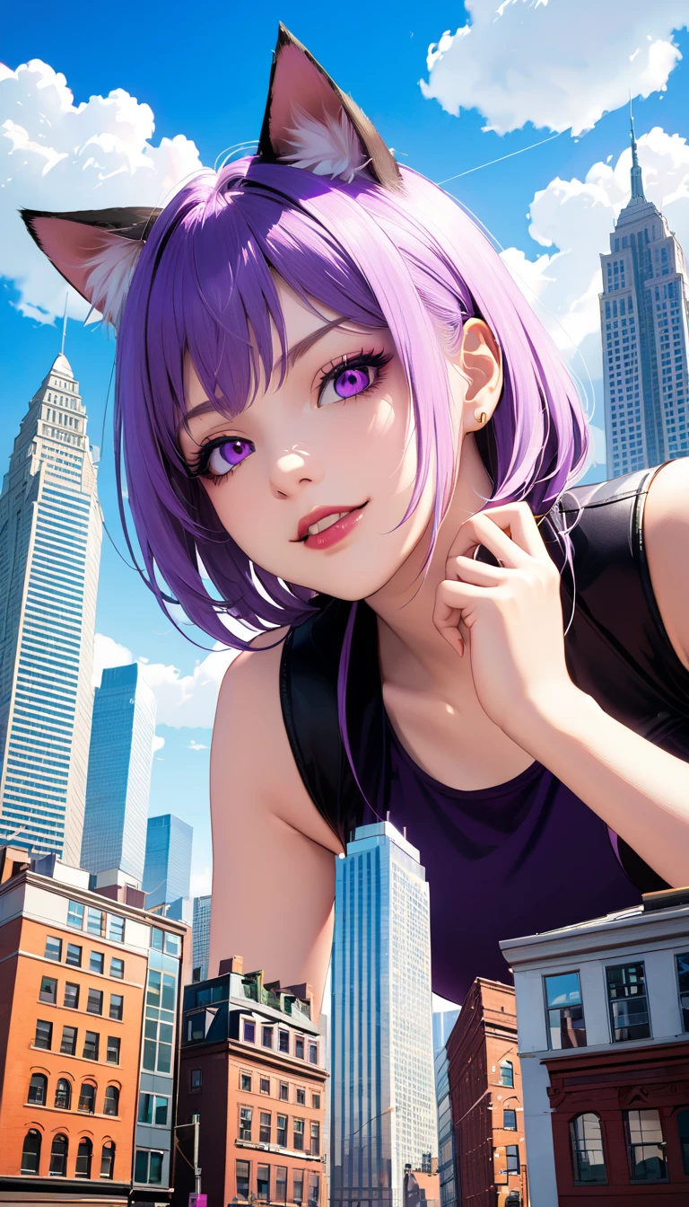 1girl,solo,portrait display,city,sky,giantess,building, evil smile,purple eyes,cat ears