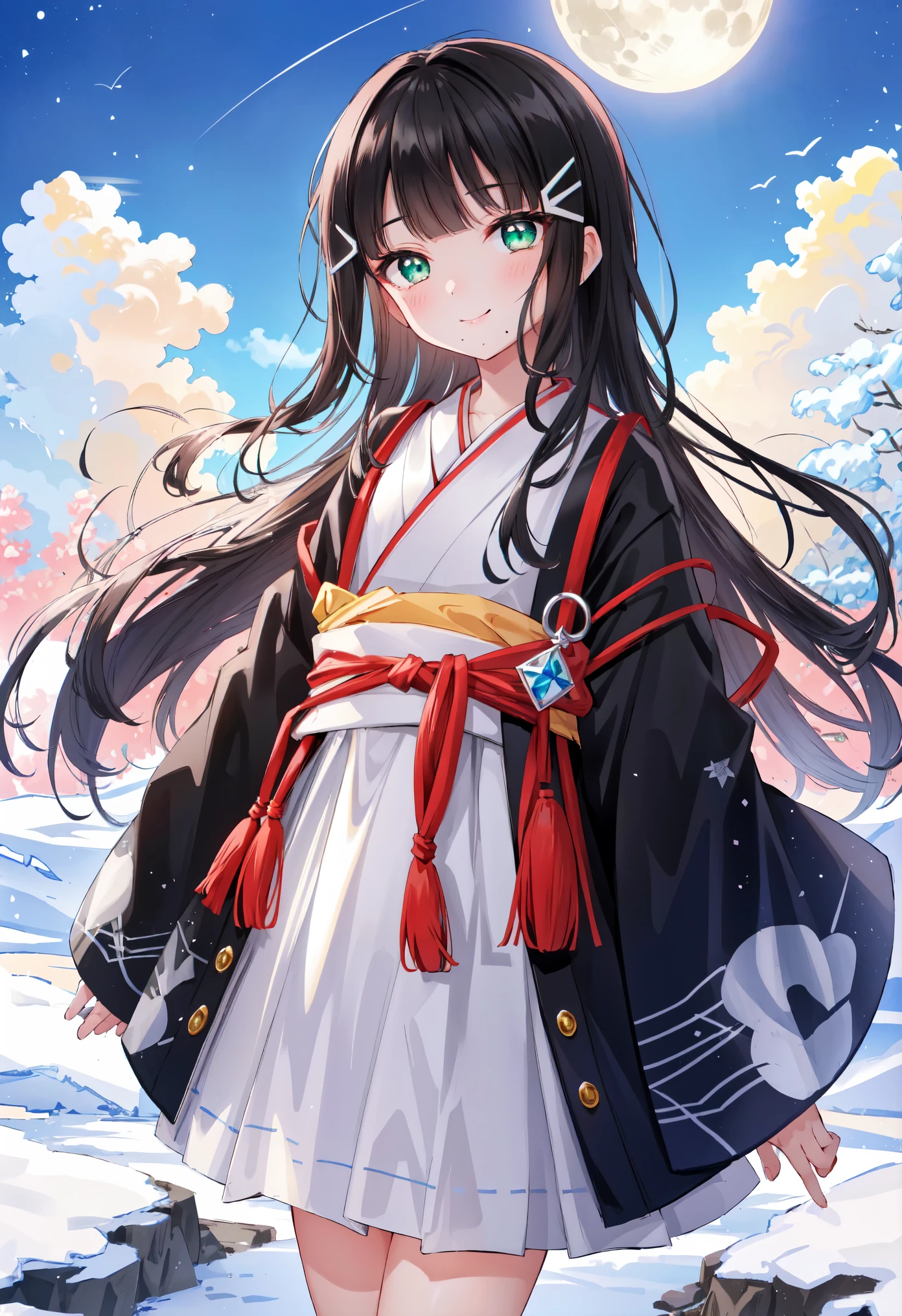 Dear Kurosawa, Kurosawa Diamond,  long hair, bangs,  black hair, Head ornament, ( green eyes:1.3), hair clip, blunt bangs,  mole under mouth , break,Beautiful kimono）, blue sky,Mount Fuji,  moon,break looking at viewer, ( cowboy shot:1.5), break (  masterpiece  :1.2),  top quality,  high definition , unity 8k 壁紙, (Illustration:0.8), ( beautiful detailed eyes in atata:1.6),  highly detailed face  ,  PERFECT LIGHTING ,  very detailed CG, (  perfect hand with giant bow ,  perfect anatomy),smile、 I can see my whole body、noon、sunny、 the background is bright 
