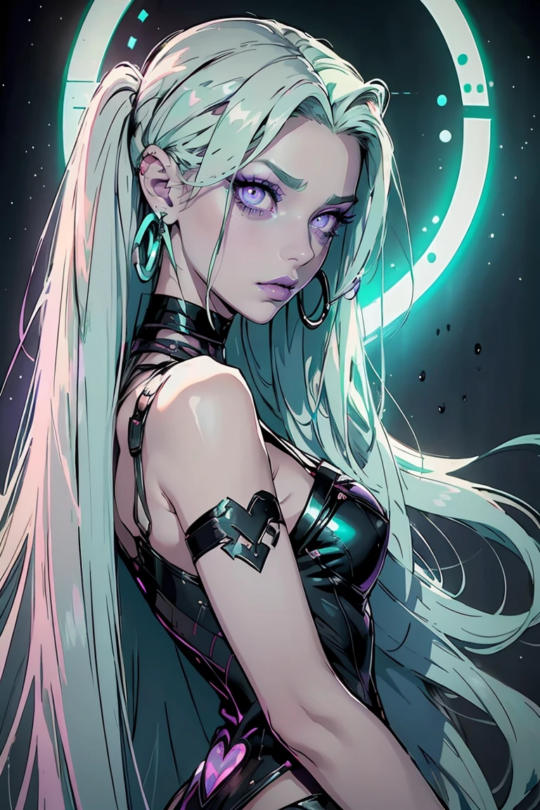 Goddess ((goddess-like woman)), slim, elegant silhouette, masterpiece, best quality, pale skin, fair skin, sweet face, (masterpiece: 1.2, best quality), (real picture, intricate details), (1 lady, solo, medium , small waist, ), ((Jinx/LOL)), beautiful face, kissable lips, very long mint green hair, hair slicked back, (very long mint green hair), mint green hair,(Purple eyes, Eye color: purple), purple glowing eyes, glowing eyes, crazy eyes, she has an impressive presence., bracelet, hoop earring, beautiful face, perfect makeup, Beautiful Eyes, big eyes, she looks at the viewer, Beautiful Eyes, big eyes she looks at the viewer, she Wears a Black Silk Mini Dress, s1lkm1n1, choker, silk dress, black dress,, background: large festival hall, luxury, bright white room, gala