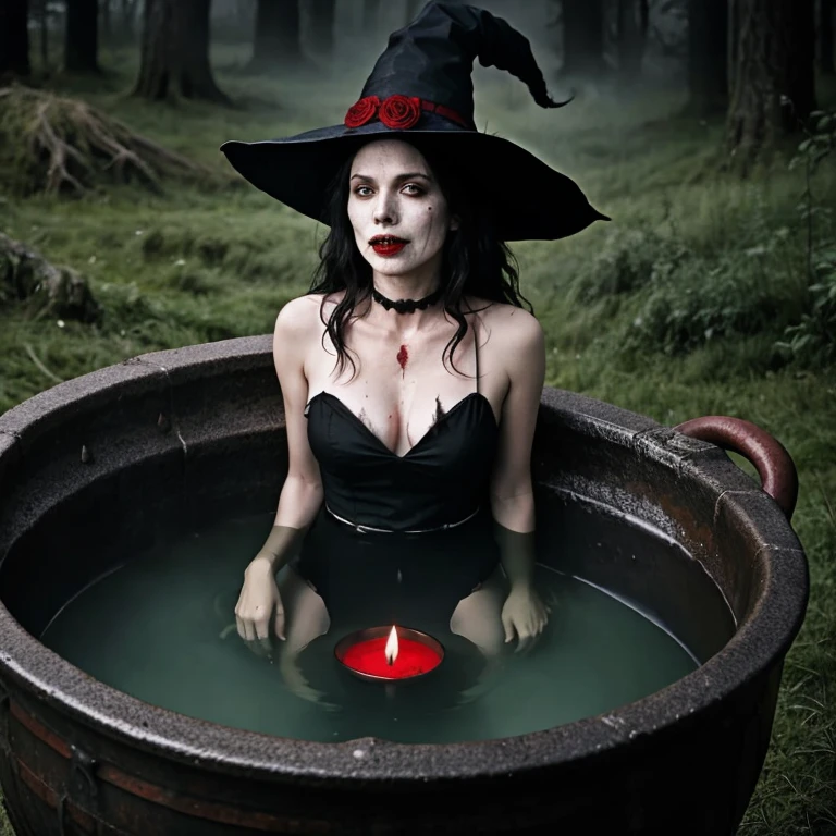 Undead wounded witch is boiled in a huge cauldron, blood, horror atmosphere