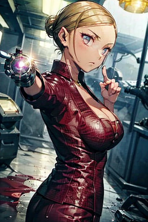  1 girl ,  high definition , Blonde,  Chignon flowing sideways ,  Big Breasts , Three white eyes,  Yandere, 
terminator、 Christana Loken
battleground、 machine arm 、Liquid Metal 、Shoot and Warp 
stomp on the sole 、 points your index finger against the backgroundシンプルな背景,  scornful eyes, 