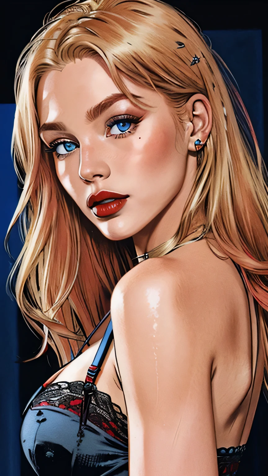 18 year old young woman. hair blue, blue eyes and wearing blue lipstick. She is wearing a red nightgown dress. Lipstick is smudged. perspiring. 