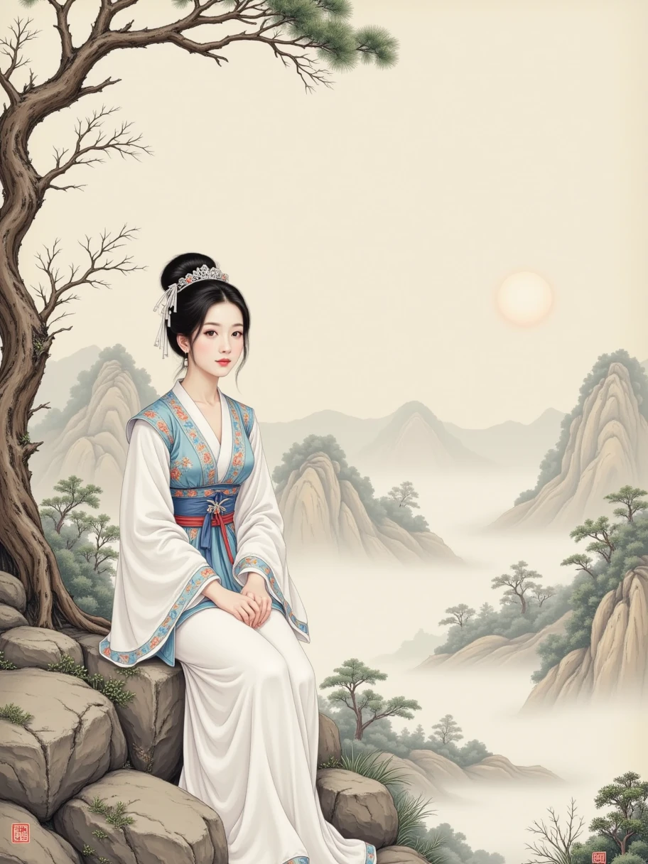 lace，Traditional Chinese landscape，Beige background， Light Grey Fine Grain Texture， Old Paper Texture ， Featured Chinese Art ，Song Dynasty，Rice paper，Goofy, 1girl， Grab a Dust Pen ，Lone clouds，Sit Alone ，Jingting Mountain，Never tire of watching