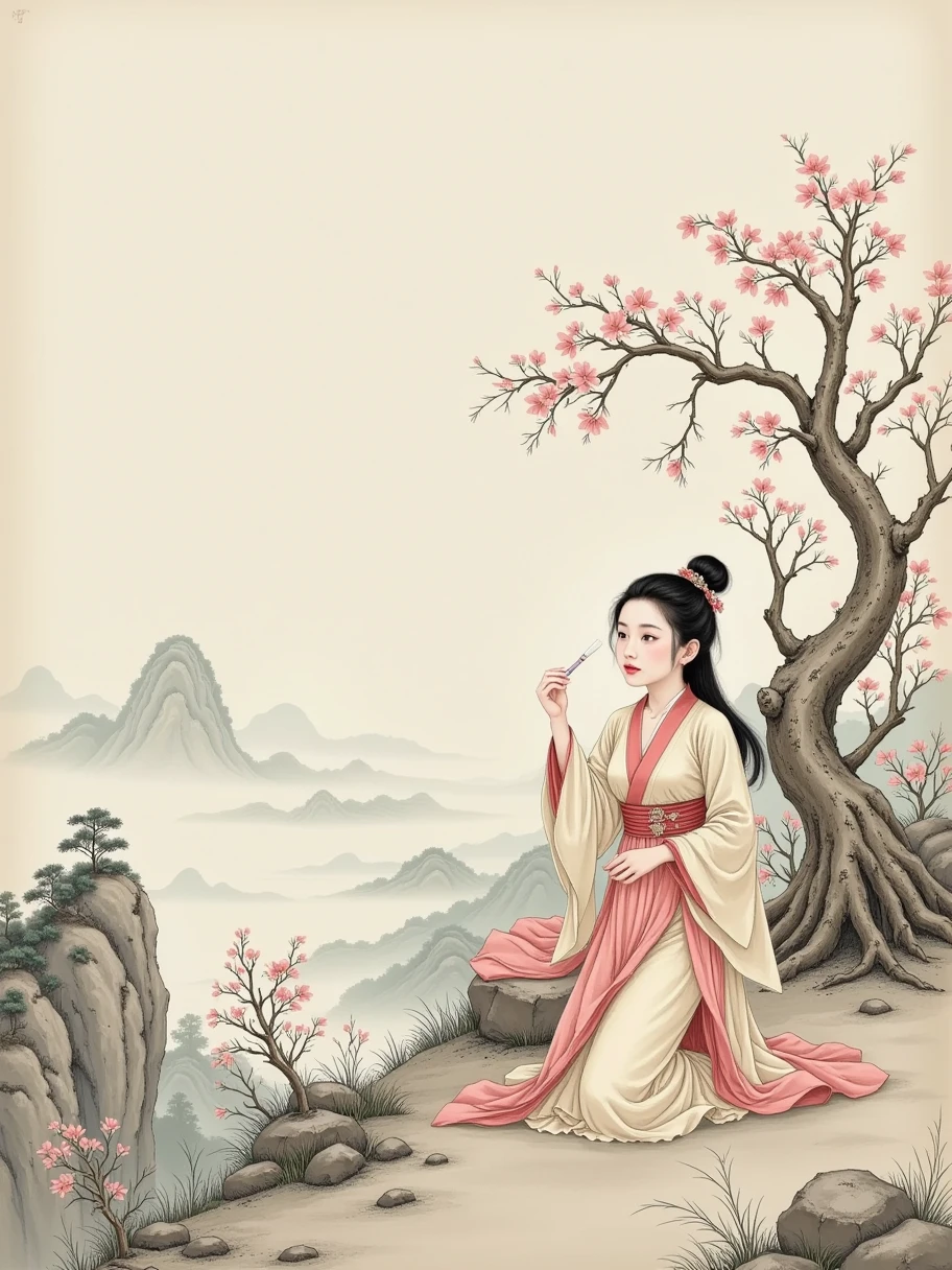 lace，Traditional Chinese landscape，Beige background， Light Grey Fine Grain Texture， Old Paper Texture ， Featured Chinese Art ，Song Dynasty，Rice paper，Goofy, 1girl， Grab a Dust Pen ，Lone clouds，Sit Alone ，Jingting Mountain，Never tire of watching