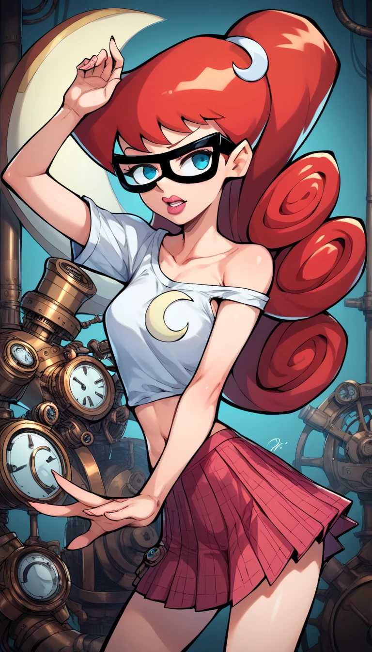 score_9,score_8_up,score_7_up,score_6_up,score_5_up, source_cartoon, MaryTest, red hair, crescent, (straight-on), blue eyes, lips, lipstick, hair hornament, Black-Framed eyewear, ponytail,  (Carmine)(One-shoulder asymmetrical blouse with a flowy drape. :1.2), (Magenta)(Pleated plaid mini skirt with a preppy style.), (Steampunk Laboratory with Inventive Contraptions :1.2),   (Dancing with one arm raised), (sorry face)