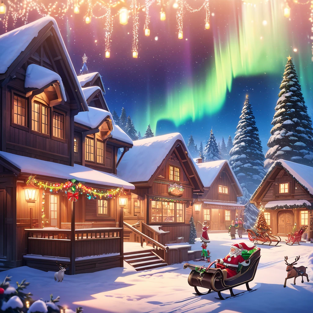 masterpiece, best quality, 8k, highres, ultra-detailed,HDR, UHD, Fantasy style, illustration, best quality, glowing lights, Gradient, snow-covered houses, wooden cottages, Christmas decorations, colorful garlands, twinkling fairy lights, snowy trees, reindeer, Santa Claus, sleigh, cheerful villagers, festive clothing, warm and inviting atmosphere, aurora borealis in the night sky, detailed textures, soft lighting, magical ambiance