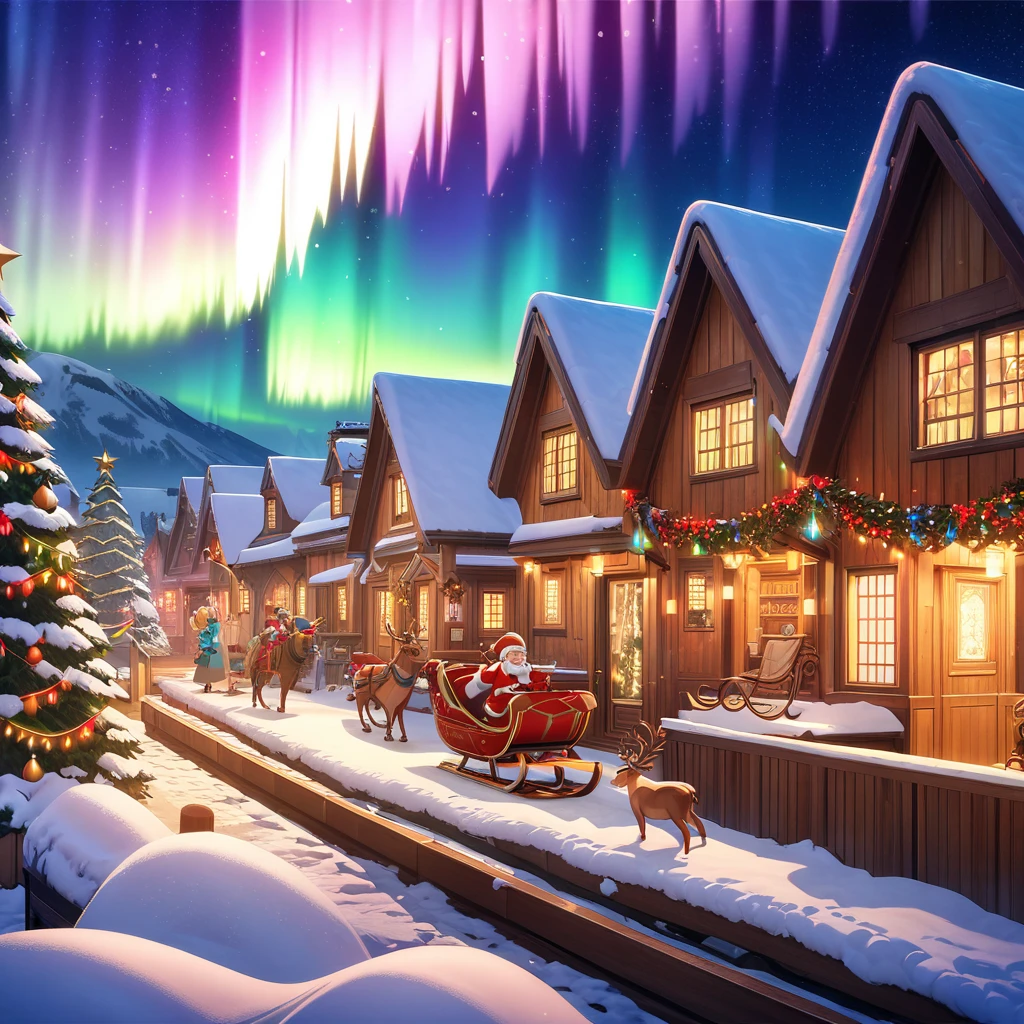 masterpiece, best quality, 8k, highres, ultra-detailed,HDR, UHD, Fantasy style, illustration, best quality, glowing lights, Gradient, snow-covered houses, wooden cottages, Christmas decorations, colorful garlands, twinkling fairy lights, snowy trees, reindeer, Santa Claus, sleigh, cheerful villagers, festive clothing, warm and inviting atmosphere, aurora borealis in the night sky, detailed textures, soft lighting, magical ambiance