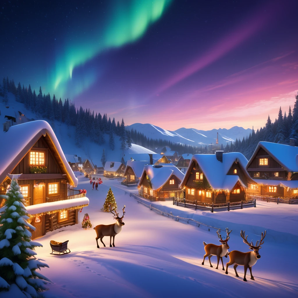 masterpiece, best quality, 8k, highres, ultra-detailed,HDR, UHD, Fantasy style, illustration, best quality, glowing lights, Gradient, snow-covered houses, wooden cottages, Christmas decorations, colorful garlands, twinkling fairy lights, snowy trees, reindeer, Santa Claus, sleigh, cheerful villagers, festive clothing, warm and inviting atmosphere, aurora borealis in the night sky, detailed textures, soft lighting, magical ambiance