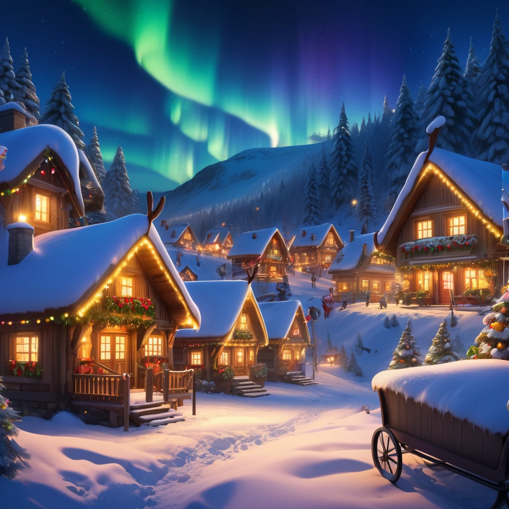 masterpiece, best quality, 8k, highres, ultra-detailed,HDR, UHD, Fantasy style, illustration, best quality, glowing lights, Gradient, snow-covered houses, wooden cottages, Christmas decorations, colorful garlands, twinkling fairy lights, snowy trees, reindeer, Santa Claus, sleigh, cheerful villagers, festive clothing, warm and inviting atmosphere, aurora borealis in the night sky, detailed textures, soft lighting, magical ambiance