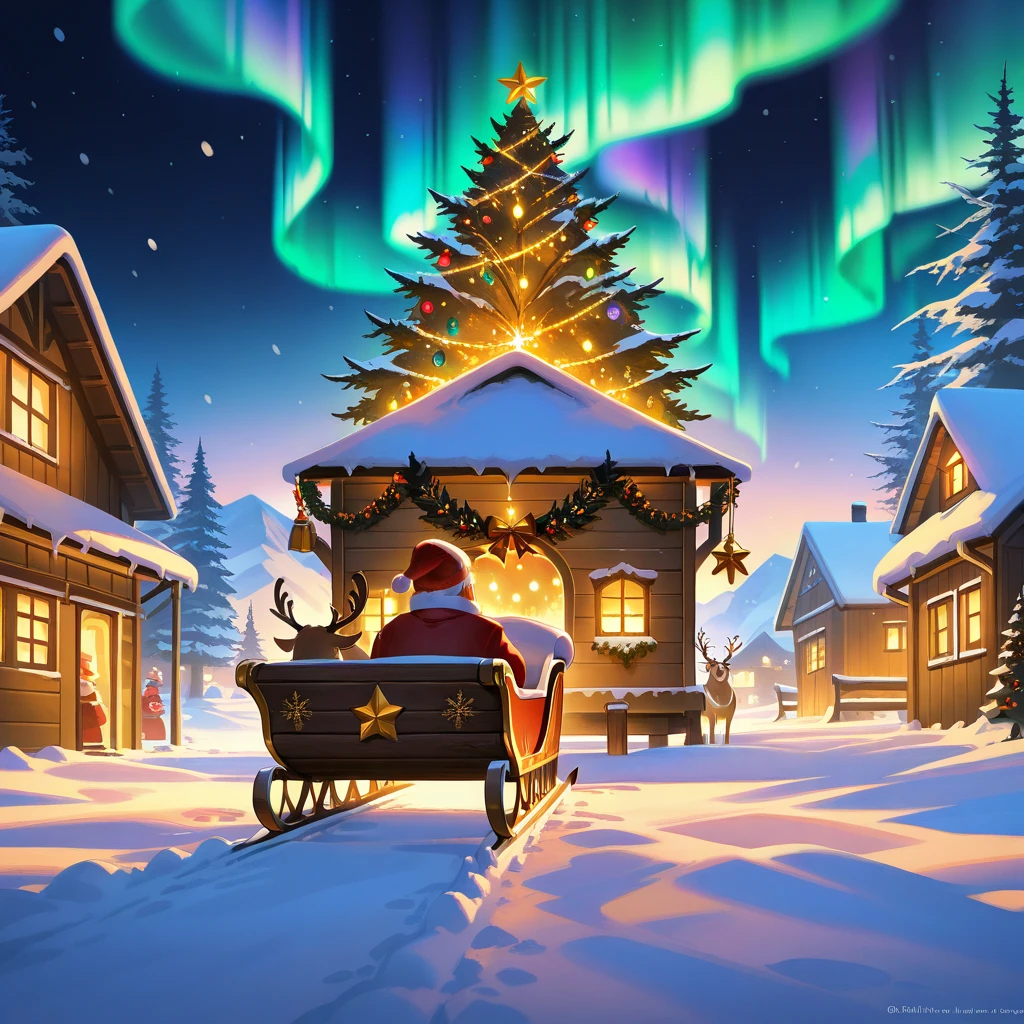 masterpiece, best quality, 8k, highres, ultra-detailed,HDR, UHD, Fantasy style, illustration, best quality, glowing lights, Gradient, snow-covered houses, wooden cottages, Christmas decorations, colorful garlands, twinkling fairy lights, snowy trees, reindeer, Santa Claus, sleigh, cheerful villagers, festive clothing, warm and inviting atmosphere, aurora borealis in the night sky, detailed textures, soft lighting, magical ambiance