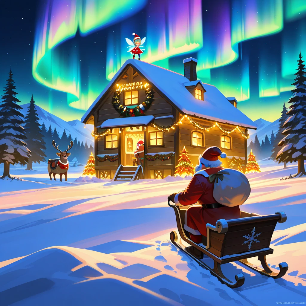 masterpiece, best quality, 8k, highres, ultra-detailed,HDR, UHD, Fantasy style, illustration, best quality, glowing lights, Gradient, snow-covered houses, wooden cottages, Christmas decorations, colorful garlands, twinkling fairy lights, snowy trees, reindeer, Santa Claus, sleigh, cheerful villagers, festive clothing, warm and inviting atmosphere, aurora borealis in the night sky, detailed textures, soft lighting, magical ambiance