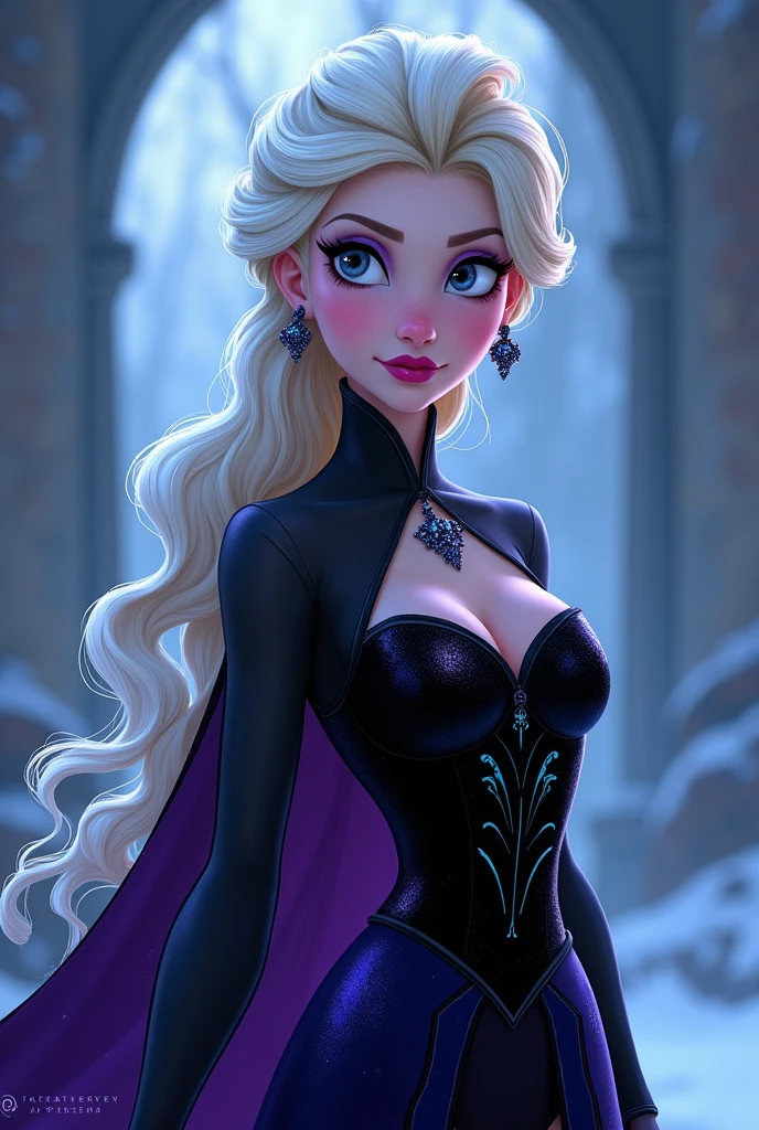 gothic, tattooted, black lipstick, dark eye shadow, sexy, disney style, Elsa from frozen, cartoon style, flat, HD, 8K