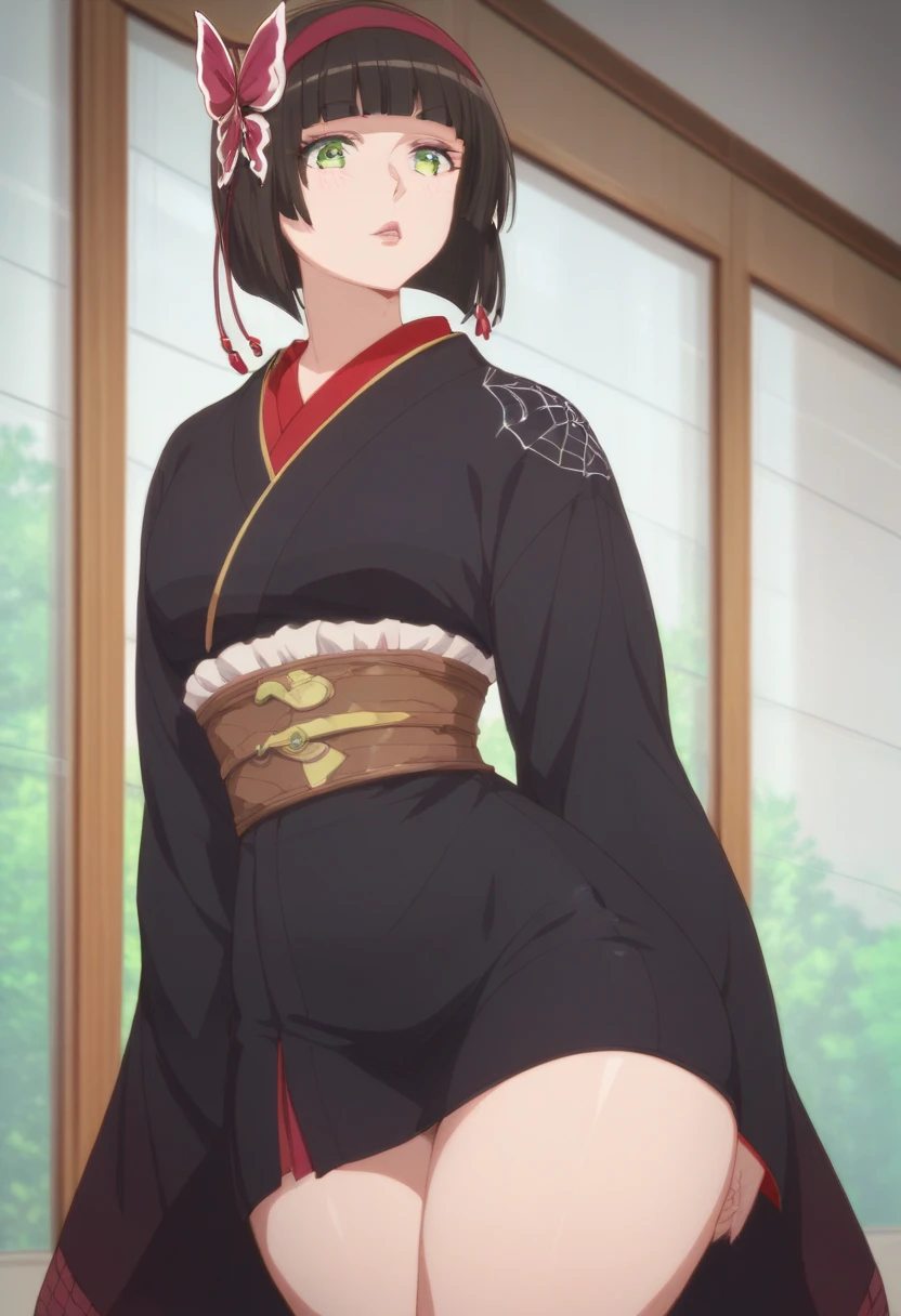 Mio short black hair green eyes red butterfly clip in the hair medium big boobs peeled belly thick thighs sexy red and black kimono