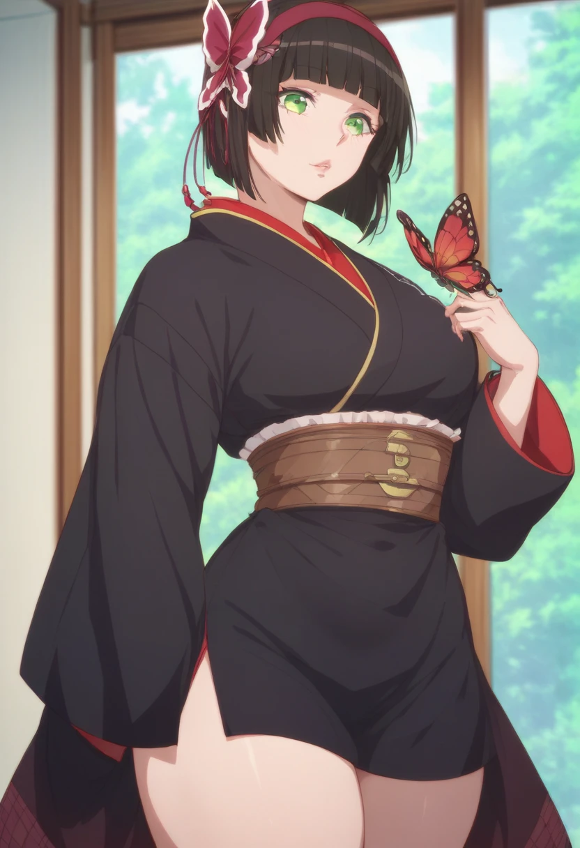 Mio short black hair green eyes red butterfly clip in the hair medium big boobs peeled belly thick thighs sexy red and black kimono