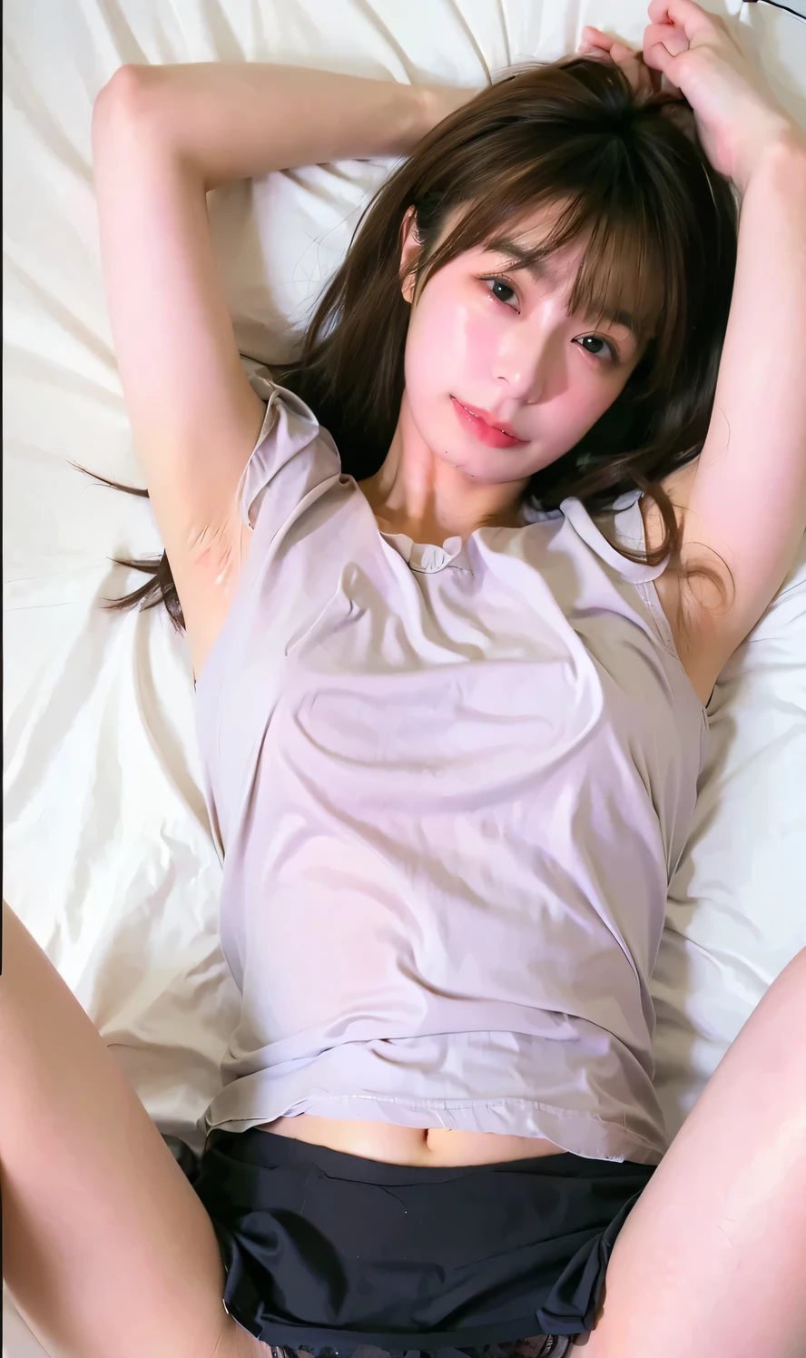 (((Highest quality,Very detailed,masterpiece,Very detailed))) ,(((Downward))),((Spread your legs)),loose breast,Camisole with showing through,one piece,barefoot,One Girl,Realistic,Bedroom、Looks sleepy