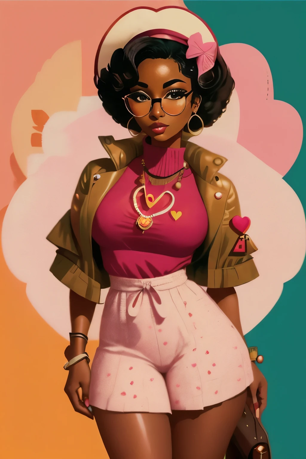 Valentine's Day, black woman, beautiful, educated, wearing stylish glasses capturing the essence of romance and affection, featuring themes of love, hearts, and the exchange of tokens of love like flowers and chocolates, in a setting that exudes warmth and intimacy, with a palette of reds, pinks, and whites, Valentine's Day